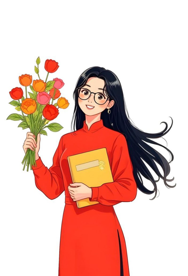 Anime mặc áo dài Việt Nam màu đỏ