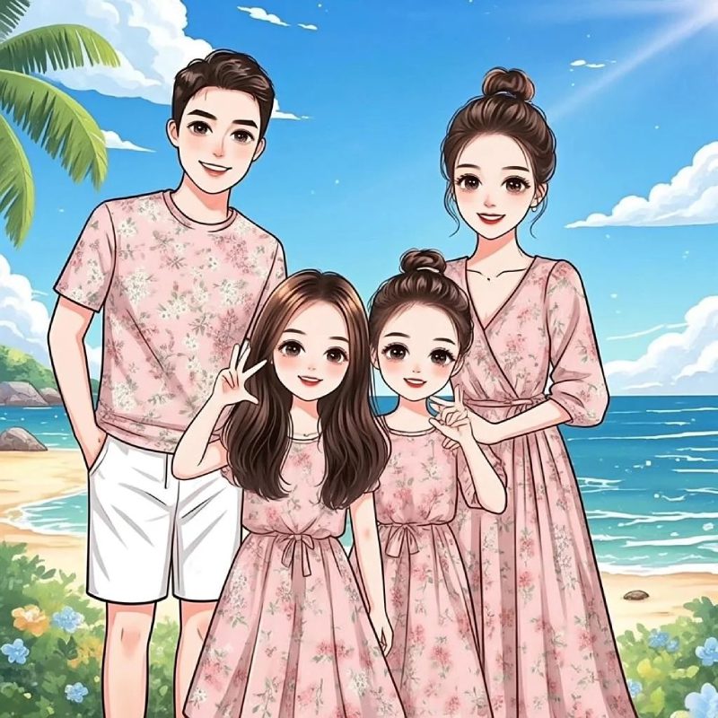 ảnh avatar anime 4 người gia đình hạnh phúc