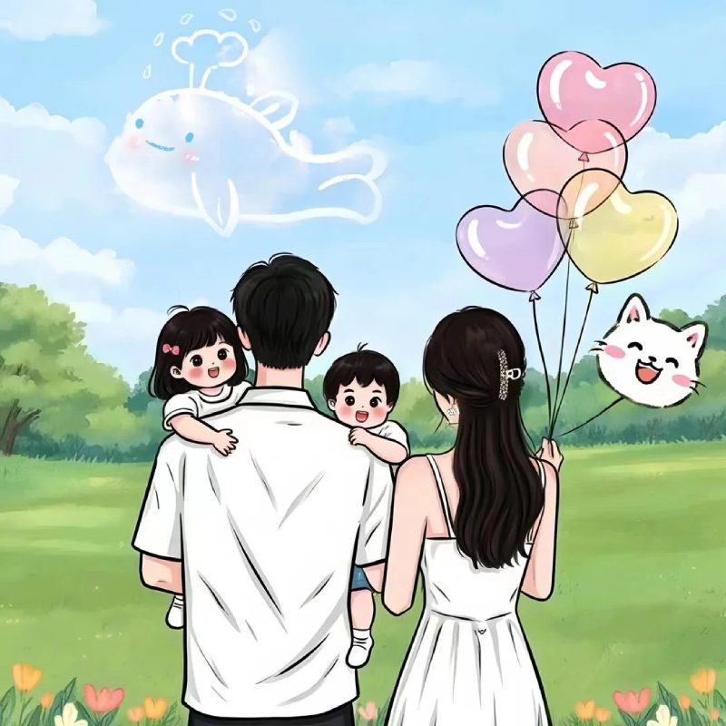happy anime family of four background