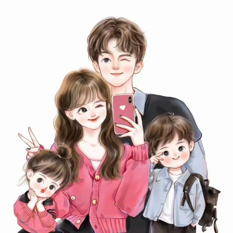 ảnh bìa anime 4 người gia đình vui vẻ