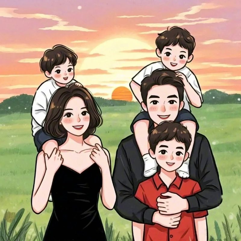 ảnh gia đình 5 người anime hạnh phúc bình dị
