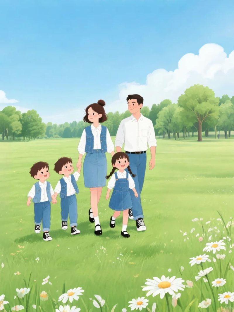 ảnh anime gia đình 5 người cùng nhau cười tươi