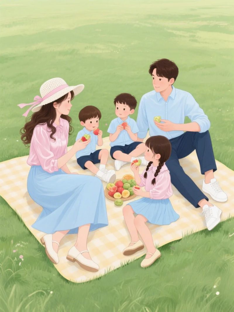 ảnh anime gia đình 5 người ngồi bên nhau