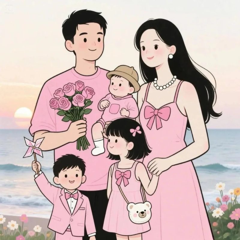 ảnh anime gia đình 5 người hạnh phúc viên mãn