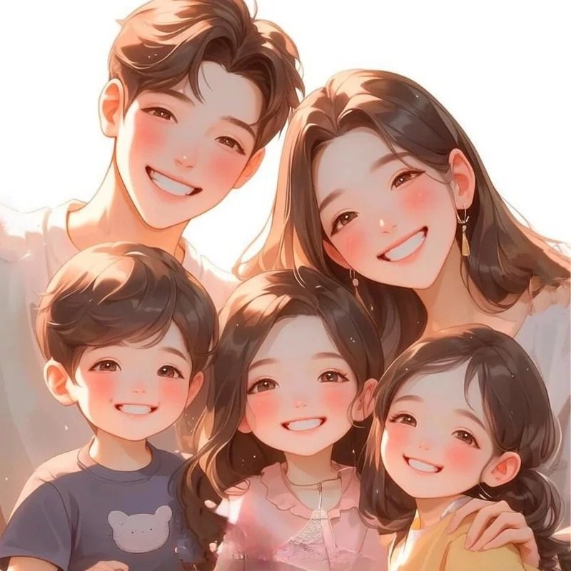ảnh anime gia đình 5 người cười vui vẻ