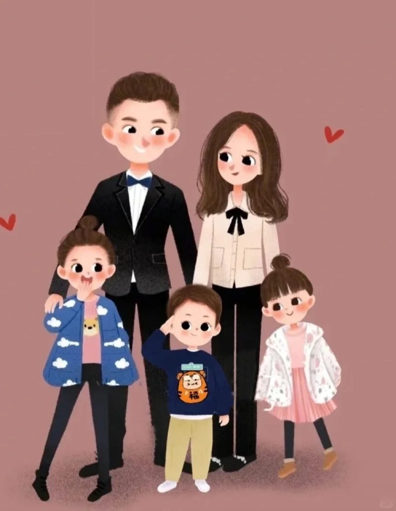 ảnh anime gia đình 5 người ấm cúng trong nhà