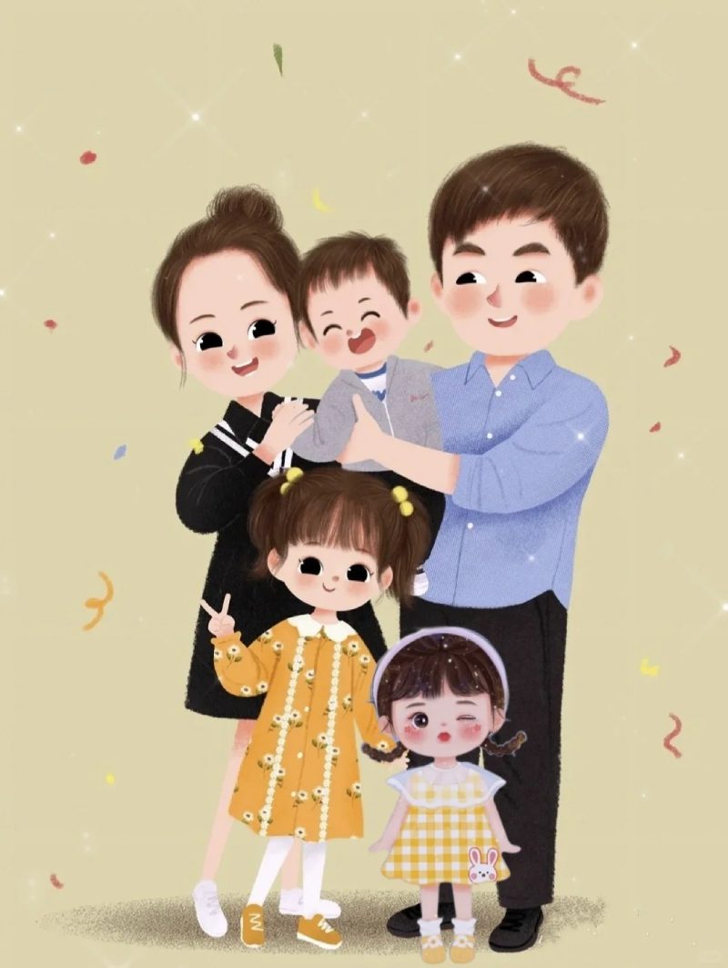 ảnh gia đình 5 người anime vui vẻ ngoài trời