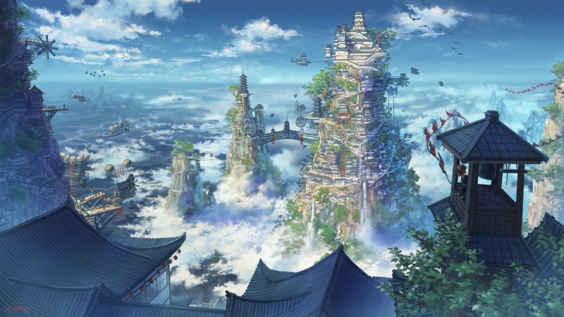 Phong cảnh anime với núi non
