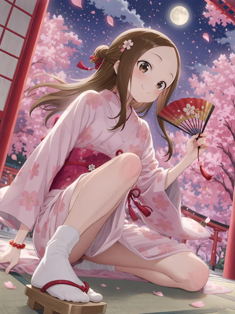 anime kimono với hoa anh đào