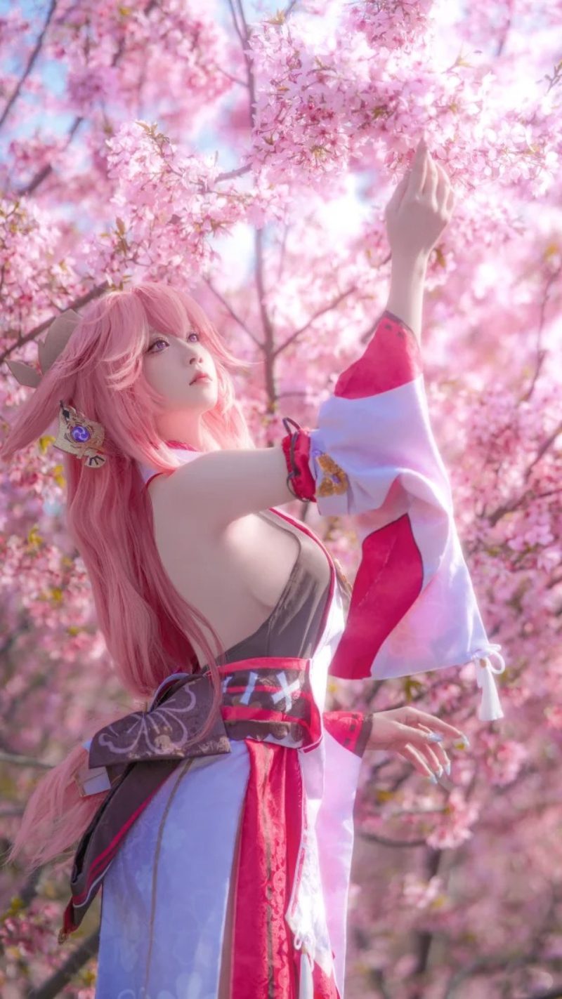 cosplay yae miko kimono đỏ tím